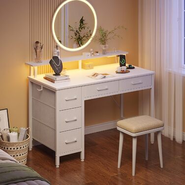 Комп&39ютерний стіл Seventable з розетками та світлодіодним освітленням, ігровий стіл 100 см з 5 шухлядами, ігровий стіл з підставкою для монітора, для офісу, кабінету, спальні, вітальні, білий 100 см