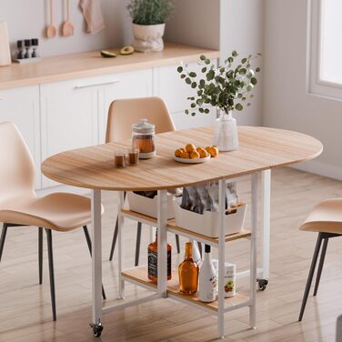 Мобільний розкладний обідній стіл Mondeer, розкладний стіл з 2 відкритими полицями, дизайн із заокругленими краями, їдальня-кухня для невеликих приміщень, 140 x 80 x 75 см, дуб та білий