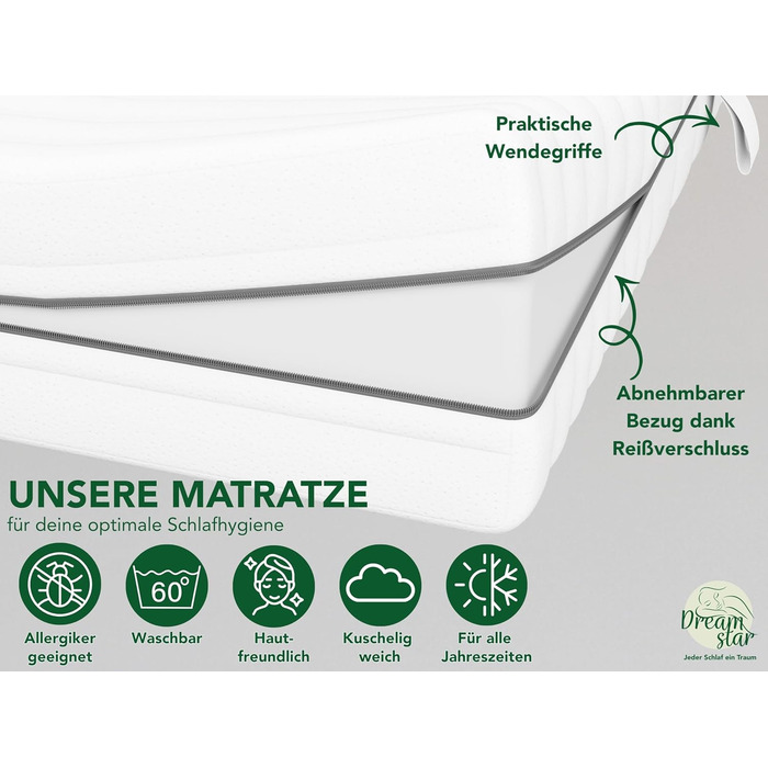 Матрац DREAMSTAR Vital Silver XXL з холодної піни, висота 24 см Ергономічний 7-зонний матрац, 140 x 200 см, рівень жорсткості H2 Гіпоалергенний та антибактеріальний Знімний чохол, який можна прати Сертифіковано Oeko-Tex (24 см, 140 x 200 см) рівень жорстк