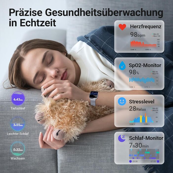 Розумний годинник для чоловіків та жінок з функцією телефону, фітнес-годинник 1,85 дюйма, понад 100 спортивних режимів, фітнес-трекер з моніторингом серцевого ритму/SpO2/сну, крокомір, водонепроникний спортивний годинник IP68 для iOS та Android, сріблясти