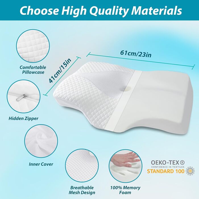 Ортопедична подушка для шиї HOMCA, ергономічна подушка з піни з ефектом пам&39яті, ортопедична подушка для підтримки шиї та шийного відділу хребта, біла, 61 x 41 x 9 см/11 см