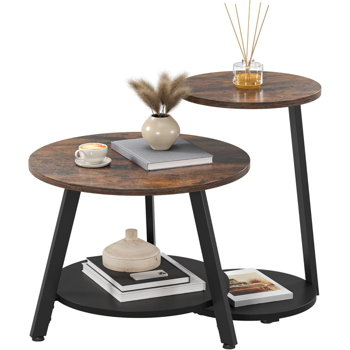 Комплект із 2 круглих журнальних столиків, столи для вітальні з місцем для зберігання, штабелювані приставні столики з дерев&39яною стільницею та металевим каркасом, С-подібні приставні столики, журнальні столики для вітальні, рустикальний коричневий
