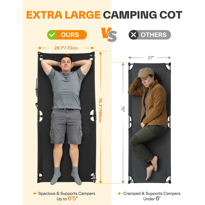 Розкладне ліжечко Sportneer 199 x 73 см, складне кемпінгове ліжко, складне гостьове ліжко для кемпінгу, походів, подорожей на природі, пляжу, саду на свіжому повітрі, використання в приміщенні, чорне