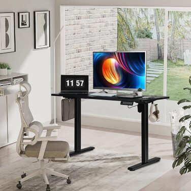 Електрично регульований по висоті стіл для роботи стоячи, 120 x 60 см, стіл для роботи сидячи/стоячи з пам&39яттю налаштувань та світлодіодним дисплеєм, стіл для роботи стоячи з гачками та підключенням для кабелів, робочий стіл для домашнього офісу, чорни