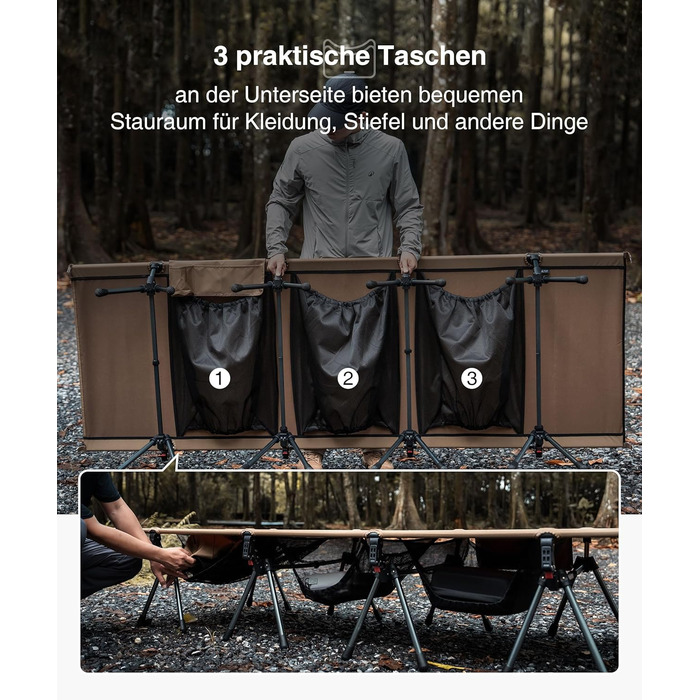 Складане похідне ліжко XXL, портативне кемпінгове ліжко, легке, складне, кемпінгове ліжко до 180 кг для намету, на природі, в подорожах, саду, в офісі (220 * 80 см) кольору койотового коричневого