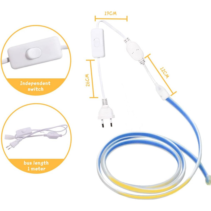 Світлодіодна стрічка PCNING 220V 230V COB Супер яскрава водонепроникна стрічка IP67 1M 4000K Біла з перемикачем ON/OFF (Білий, 1) Білий 1 метр