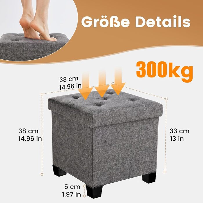Пуф для зберігання Sweetcrispy, невелика складна лавка, 38 x 38 x 38 см, коробка для зберігання з кришкою як табурет та пуф для ніг, вантажопідйомність до 300 кг, для вітальні, спальні, коридору, темно-сірий