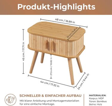 Приліжковий столик з 2 розсувними дверцятами Бамбуковий приліжковий столик з дерев&39яними ніжками 48 x 30 x 45 см