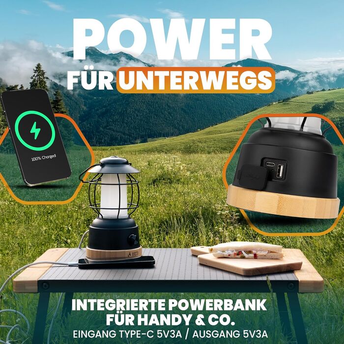 Акумуляторний світлодіодний кемпінговий ліхтар ARCTA Ретро-кемпінговий ліхтар з батареєю Водонепроникний IPX4 Регульований зовнішній ліхтар 20-450 лм Кемпінговий ліхтар для намету, саду, кемпінговий ліхтар та світлодіодний ліхтар USB-портативний зарядний 