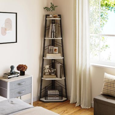 Рівнева кутова книжкова полиця - промислова окремостояча книжкова полиця з драбиною, сучасна відкрита дерев&39яна полиця для вітальні, коридору, домашнього офісу, біла, 5-