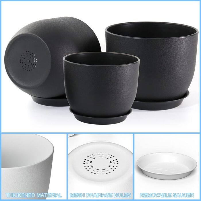 Квітковий горщик, упаковка з 6 горщиків з блюдцем, кашпо 25/23/20/18/16/13 см, квіткові горщики з дренажними отворами та лотками, набір квіткових горщиків ідеально підходить для кімнатних садів та балконів (чорний)