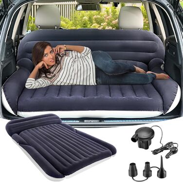 Надувний матрац KMZ SUV з 2 подушками товстіше та флоковане ліжко для автомобіля портативний дорожній матрац для кемпінгу та використання на свіжому повітрі швидке надування та здування за допомогою електричного повітряного насоса