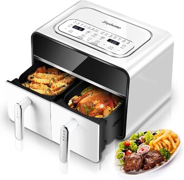 Двокамерна фритюрниця Skyehomo 2100 Вт, цифрова фритюрниця з подвійним кошиком із прозорим вікном, програми 14 в 1 і світлодіодний сенсорний екран, двокамерна фритюрниця без бісфенолу А майже без олії, резерв 24 години