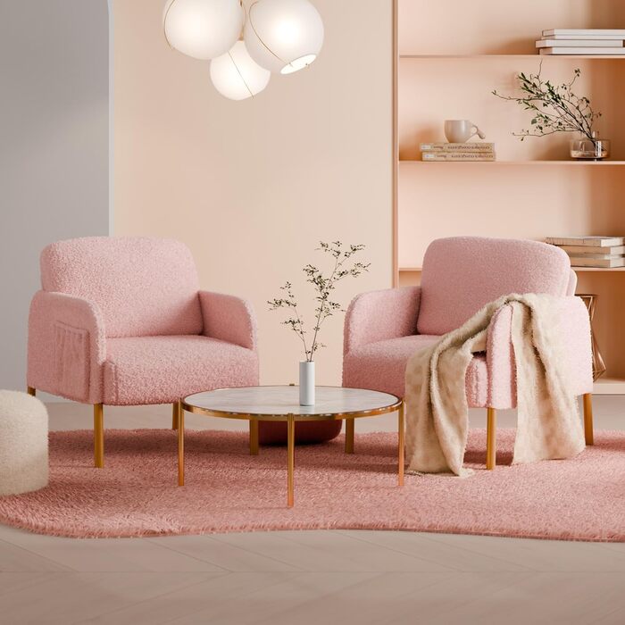 Крісло Mondeer, одномісний диван з бічною кишенею та металевими ніжками, зручна тканина зі штучної овчини, сучасний, для вітальні, спальні, кабінету, 63 x 75 x 75 см, рожевий.