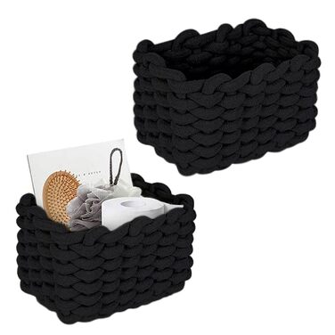 Кошик для зберігання, 2 шт., плетений бавовняний в&39язаний кошик, 19x15x12 см, плетений кошик для зберігання, плетена бавовняна мотузка, для спальні, коробки для зберігання у вітальні (чорні), чорні, 2 шт.