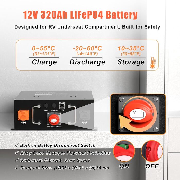 Акумулятор LiFePO4 320Ah 12V, акумулятор ECE R10 для автофургона, літій-іонний акумулятор 4096Wh з BMS 250A, ідеальна заміна свинцево-кислотного акумулятора для автофургонів, сонячні системи, комплект сонячних панелей, літій-іонний акумулятор для автофург