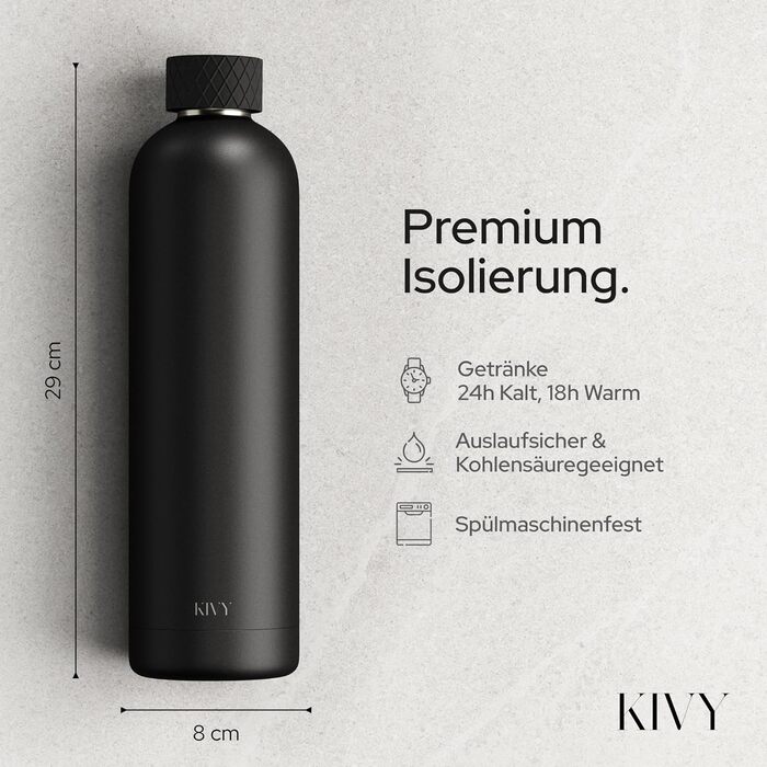 Ізольована пляшка для води 1 л з нержавіючої сталі - Герметична термопляшка 1 л - Підходить для газованих напоїв - Ізольована пляшка для води - Металева пляшка з нержавіючої сталі - Чорна пляшка для води - Двостінна 1000 мл Чорна