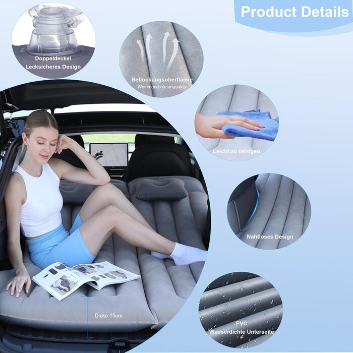 Надувний матрац для автомобіля, матрац для багажника автомобіля Model Y, позашляховика, автофургона, мінівена, кемпінгового матраца, надувний матрац 195x130, складне надувне ліжко для подорожей (сірий)