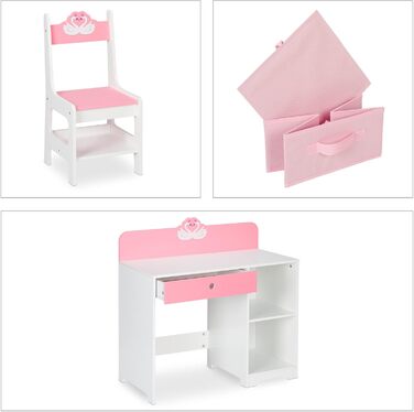 Стіл і стілець Relaxdays для дітей, шухляда і 2 відкритих відділення, мотив лебедя, меблі для дитячої кімнати, рожевий/білий