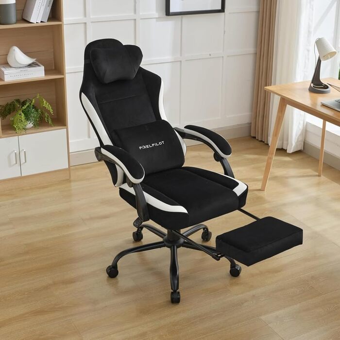 Ергономічне ігрове крісло PixelPilot Дихаюча тканина Крісло з підставкою для ніг, підголівником та поперековою опорою, ігрове ПК-крісло Широке сидіння Офісне крісло вантажопідйомністю 150 кг (Nebula, чорний) Black Nebula