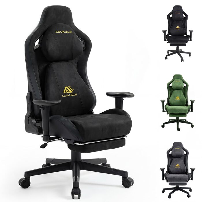 Ігрове крісло, офісне крісло, ергономічне, дихаюче ігрове крісло зі штучної замші, робоче крісло з підставкою для ніг, підголівником та поперековою подушкою, 3D-підлокітники, спинка 90-155, чорний колір