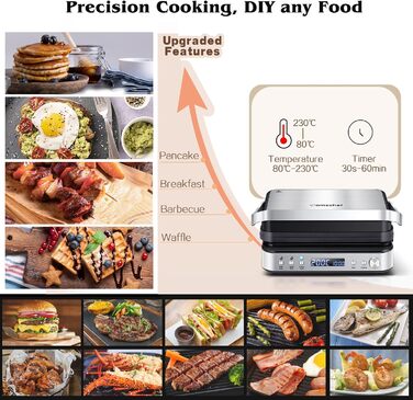 Машина AMZCHEF 4-в-1 (контактний гриль, сковорода, вафельниця, бутербродниця) - 2000 Вт, з 4 знімними пластинами з антипригарним покриттям, з вільно регульованим часом і температурою - XXL клас енергоспоживання A