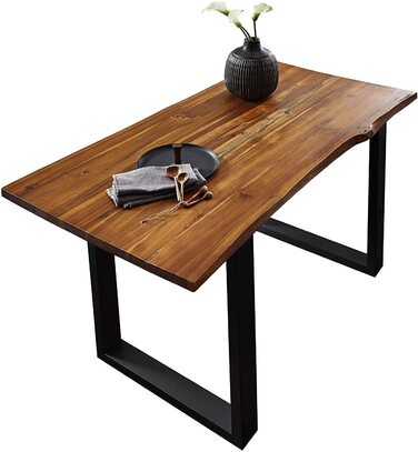 Обідній стіл SAM Esra, 120 x 80 см, масив акації, коньячного кольору, стіл з натуральним краєм та чорним металевим каркасом, обідній стіл зі стільницею з натуральним краєм 26 мм, справжній натуральний край, 120 x 80 см, коньячний/чорний