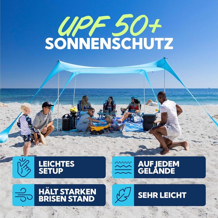 Пляжний намет SUN NINJA з UPF 50 - Сонячний навіс, пляжне вітрило з лопатою для піску та кілочками - Пляжний намет для немовлят із захистом від ультрафіолету 50 - Пляжний намет для 4 осіб - Бірюзовий
