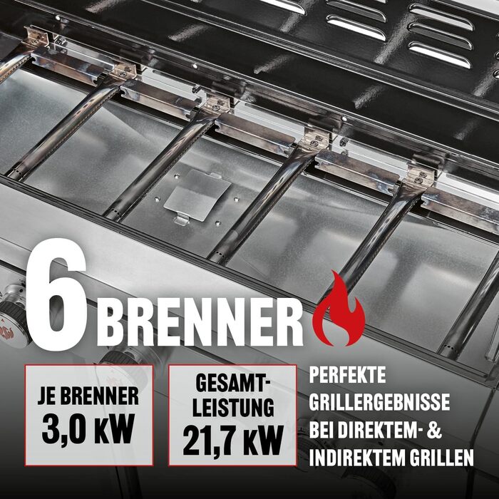 Газовий гриль LANDMANN Gasgrill 6.1 6 пальників, MaxX-Zone, велика площа гриля та чавунні решітки Потужний гриль для саду та відпочинку на природі з LED-регуляторами та бічним столом