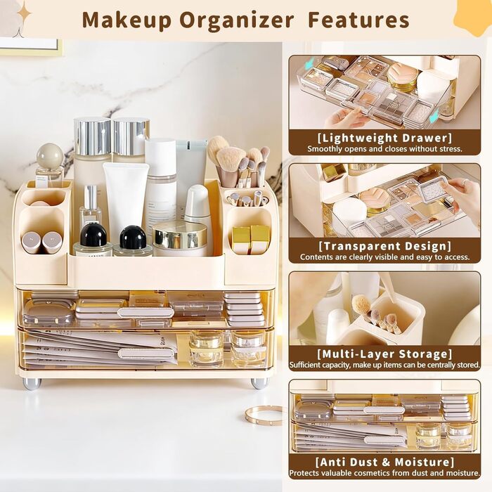 Органайзер для косметики з шухлядами, органайзер для пензлів, пластикова коробка для зберігання косметики, органайзер для засобів догляду за шкірою, багатофункціональний органайзер, коробка для зберігання косметики для туалетного столика.