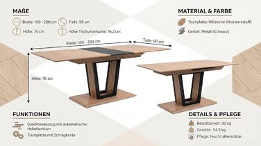 Розсувний обідній стіл Newroom до 200 см кольору Wild Oak Anthracite - Сучасний обідній стіл - 160-200 x 76 x 90 см (Ш x В x Г) - Розсувний стіл із синхронізованим механізмом висування - Їдальня, Кухня, Вітальня