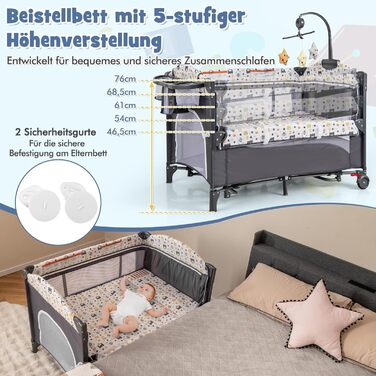 Дитяче ліжечко COSTWAY 5-в-1, дорожнє ліжечко з матрацом, регульована по висоті тумбочка з пеленальний столик, ремені безпеки, музичний мобіль та підвісні іграшки, колиска/колиска з колесами для малюків, сірий колір