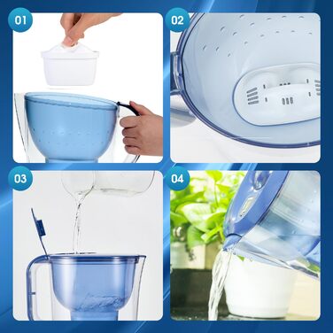 Фільтр для води Watus, синій глечик для фільтрації води, містить 4 картриджі Watus - глечик для фільтрування води (3,8 літра), фільтрація питної води для зменшення вмісту вапняку, хлору, свинцю та міді у водопровідній воді.