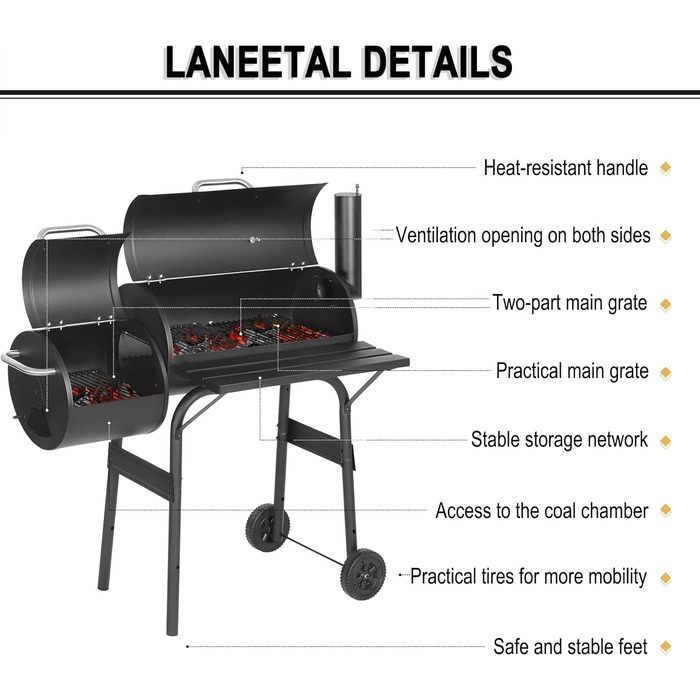 Вугільний гриль Laneetal з кришкою та візком на колесах, металевий садовий гриль з робочою поверхнею для кемпінгу та відпочинку на природі, чорний