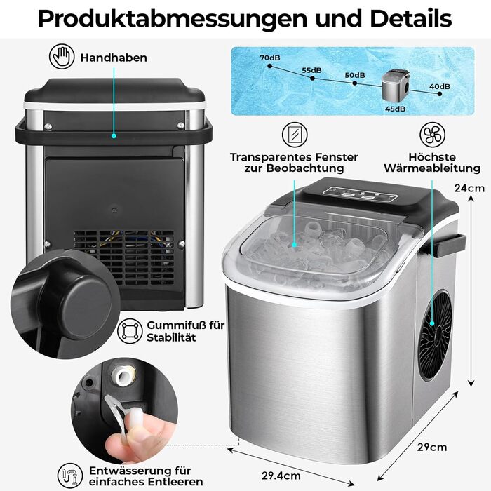 Машина для виробництва кубиків льоду, льодогенератор з нержавіючої сталі, 9 кубиків льоду за 6 хвилин, 12 кг/24 години, 2 розміри кубиків льоду, тихі машини для льоду з портативною ручкою та самоочищенням, для кухні, офісу, бару та вечірки