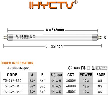 Світлодіодна трубка IHYCTV T5, 549мм, заміна на люмінесцентні лампи, F14T5, 12W, 1550lm, 3000K, 830, теплий білий, цоколь G5, робота з відповідним ЕПРА, 140 градусів, без відблисків