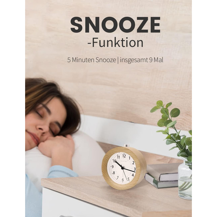 ВищеГодинник будильник аналоговий без цокання, будильник дерев'яний з дрімотою, тумбочка настільний годинник з нічником, ретро-будильник аналоговий на батарейках (потрібна батарея 1*AA) - натуральне дерево світло-коричневого кольору (кругле, світло-коричн