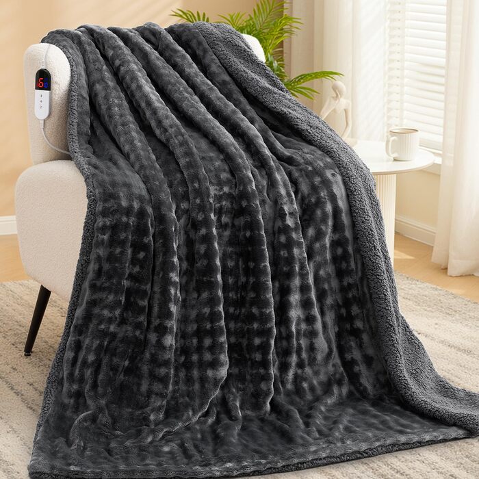 Електрична ковдра з підігрівом 150x200 см, підкладка з 3D-бульбашкової фланелі та шерпи, 6 налаштувань температури, таймер 1-10 годин, двостороння електрична ковдра для ліжка, дивана, офісу, можна прати в пральній машині, ідея для подарунка, сірий