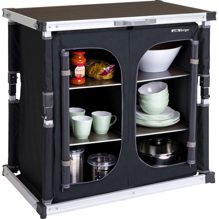 Кухня для кемпінгу BERGER Tampere M Складана шафа для кемпінгу з відділеннями для зберігання та сумкою для перенесення Кухня для кемпінгу на свіжому повітрі, Складана кухонна шафа для кемпінгу з алюмінієвою рамою, Кухонна шафа для кемпінгу (M)
