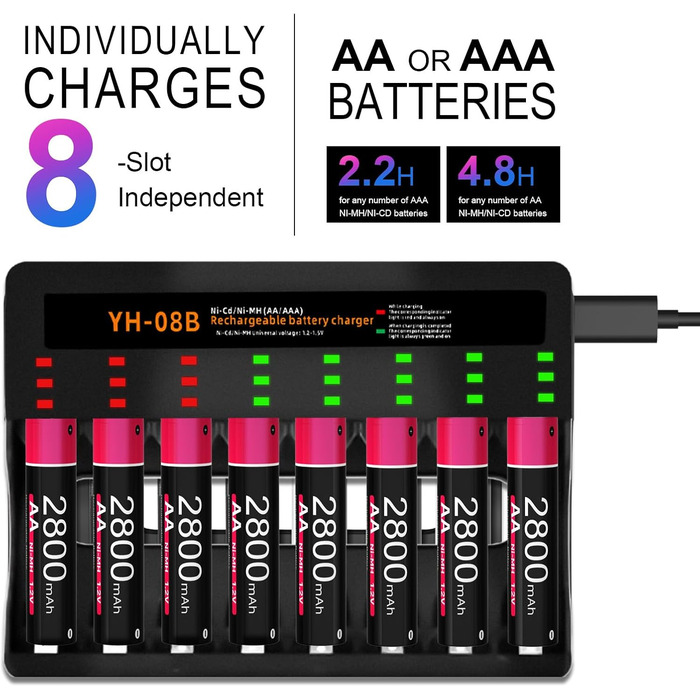 Акумулятори AA, 8 акумуляторів AA з 8 зарядними пристроями для швидкого заряджання, для Ni-MH батарей AA/AAA, 8 слотів для зарядки 8 AA