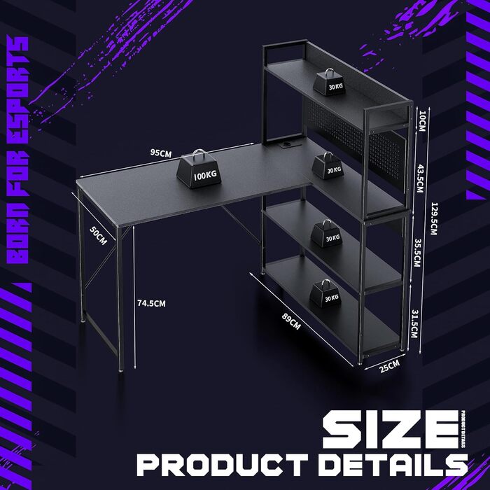 Г-подібний стіл Yansee, ігровий стіл з полицею, світлодіодне освітлення, порт зарядки USB, порт Type-C та розетка, кутовий стіл для домашнього офісу 120 x 50 x 75,5 см, чорний