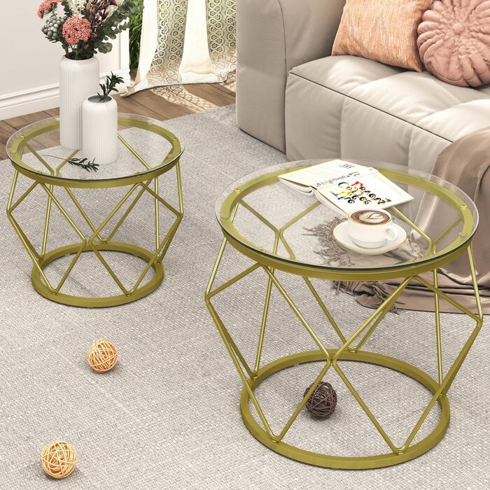 Круглий журнальний столик Hzuaneri, комплект із 2 бічних столиків, комплект бічних столиків з металевим каркасом, маленький бічний столик для вітальні, спальні, офісу, золотий 01801GCT