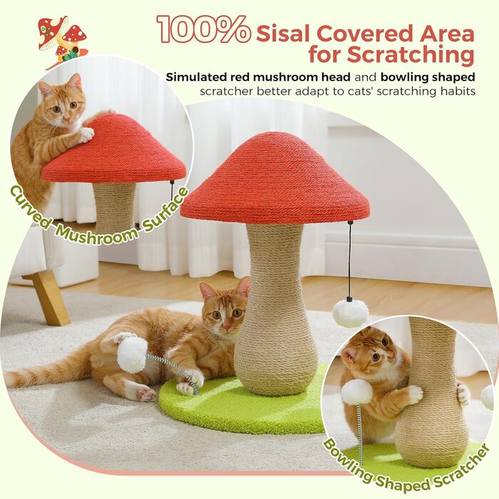 Когтеточка для котів PAWZ Road Cute, дряпалка для котів у формі грибів з когтеточкою в комплекті зі 100 сизалю та помпонами, іграшки для котів, котяче дерево-гриб для кімнатних котів.