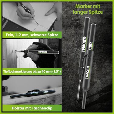 Набір будівельних маркерів Tracer з 5 предметів у футлярі для зберігання столярний олівець, 2 маркери з довгим наконечником, маркер, що не засмічується, та дозатор для змінних картриджів.
