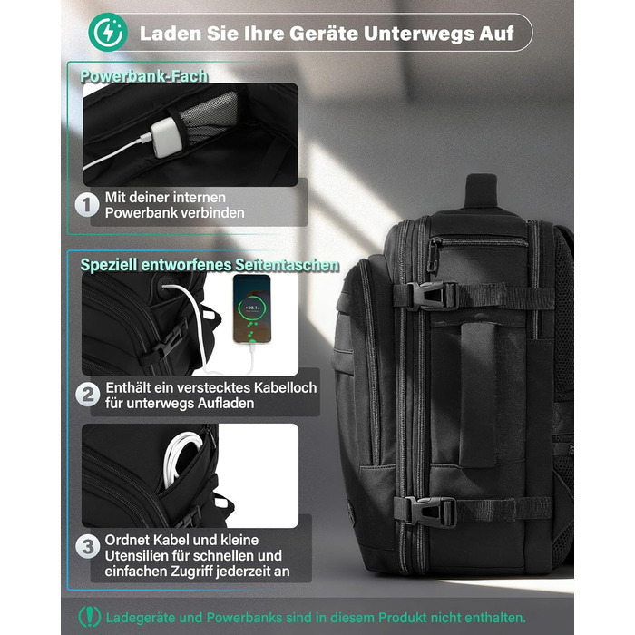 Розширюваний ручний багаж для літаків Eurowings, Ryanair, EasyJet, Wizz Air 40x30x20-40x30x25 см (24-30 л), рюкзак під сидіння з відділенням для ноутбука 15,6, чорний