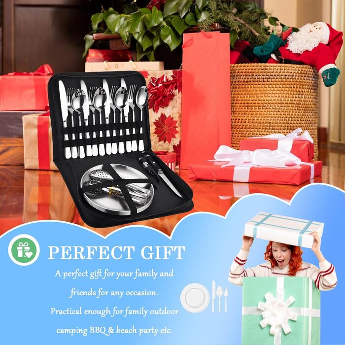 Набір посуду для кемпінгу для 4 осіб, 20 предметів, набір столових приборів для кемпінгу, нержавіюча сталь, з ложкою, виделкою, ножем, тарілкою та затискачем для кемпінгу, пікніків та подорожей, сріблястого кольору