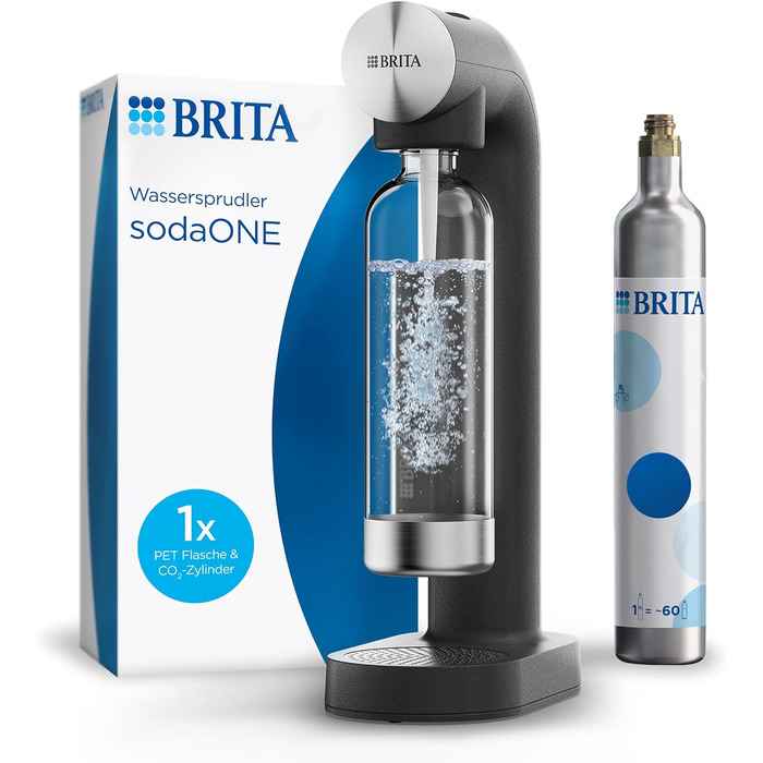 Виробник газованої води BRITA sodaONE (чорний) з циліндром CO та ПЕТ-пляшкою без BPA Перетворює питну воду на газовану газовану воду (до 60 л на циліндр) виробник газованої води для дому