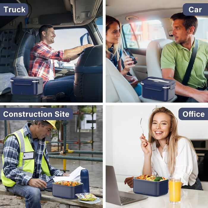 Електричний ланч-бокс потужністю 100 Вт для дорослих, термобокс 3-в-1 12/24/220 В зі столовими приборами та ізольованою сумкою для ланчу, герметичний, великий контейнер об&39ємом 1,8 л, ланч-бокс з відділеннями для автомобіля, вантажівки, офісу, темно-син
