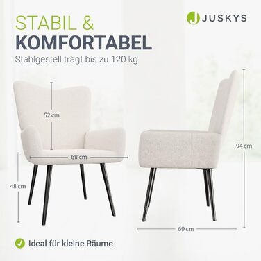 Крісло-підлокото Juskys Odense без пуфа, реклайнер з тканиною букле, скандинавський стиль, висока спинка та оббивка, сталевий каркас бежевий букле - бежевий без пуфа