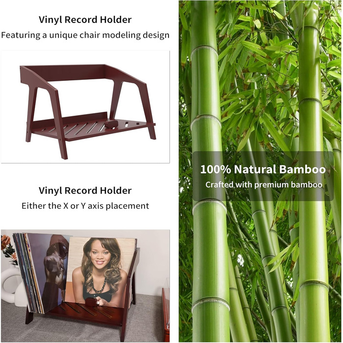 Бамбуковий тримач для платівок, стильний дизайн стільця, вміщує до 80 12-дюймових платівок, елегантне місце для зберігання платівок, підставка для компакт-дисків та журналів, підставка для книг (коричнева)